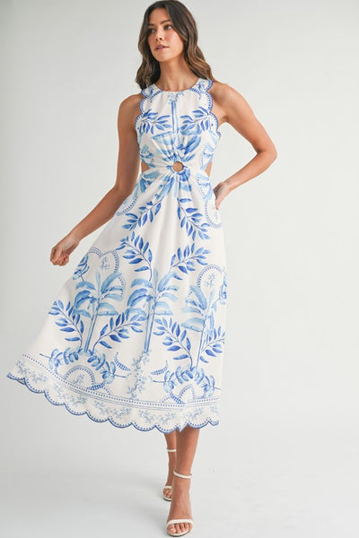 Blue and White Floral Midi Dress with Cutout – Elegant Summer Look – Layer  Boutique