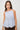 Women's blue striped peplum cami top featuring adjustable spaghetti straps, side drawstring ties, and a relaxed silhouette.