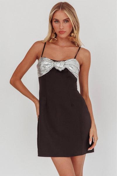 black mini dress with silver bows Sequin Bow Mini Dress