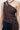 Women’s chocolate brown one-shoulder ruched top with blue dot print, side tie and turquoise bead accents.