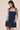 Women’s dark wash denim mini dress featuring a square neckline, wide shoulder straps, fitted bodice, and front patch pockets.